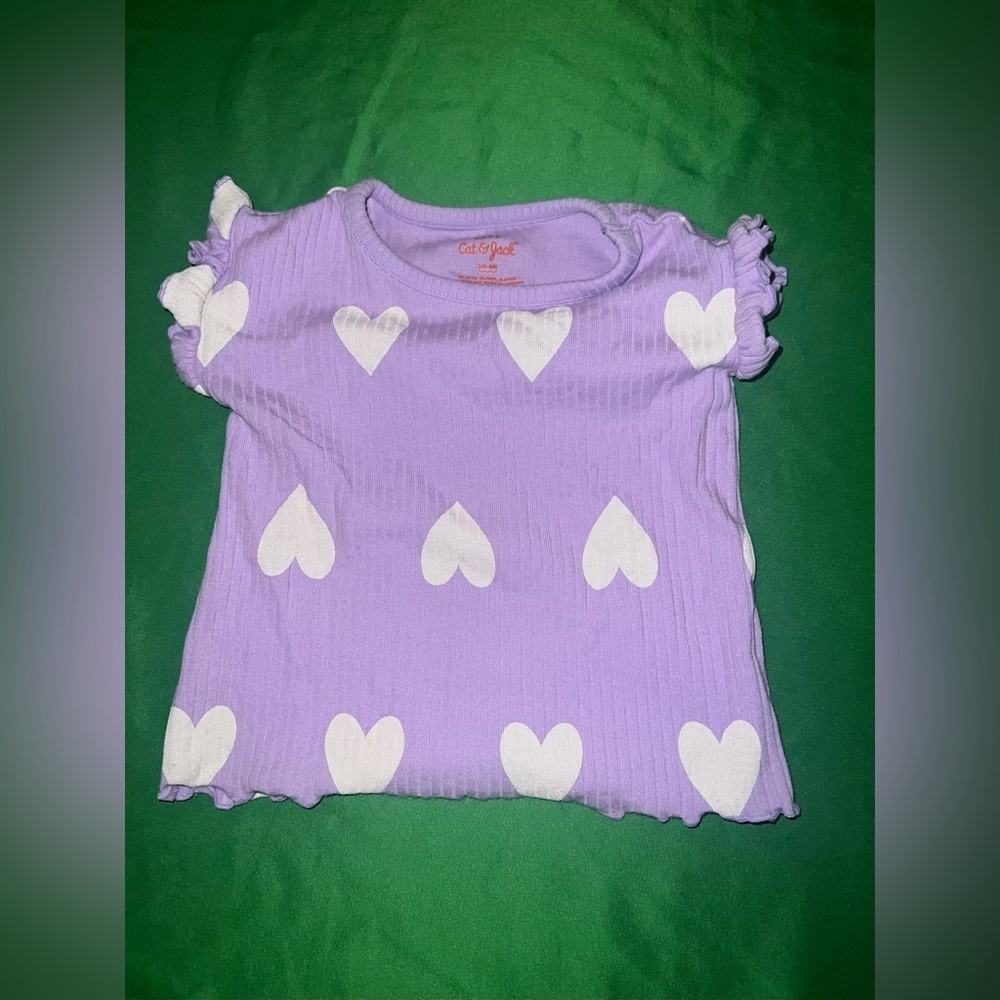 Cat & Jack Lavender Tee with White Hearts 3/6 Months